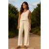 Kadın Beyaz Tek Omuzlu Şık Bluz & Geniş Paça Pantolon İkili Takım