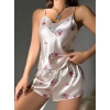Kadın Ekru Gül Desenli Askılı Dantel Üst Pijama Takımı 2222