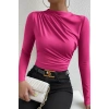 Kadın Fuşya Belden Ve Boyundan Büzgü Detaylı Uzun Kollu Bluz