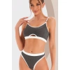 Kadın Gri Antrasit Kaşkorse Ve Beyaz Lastikli Cut-out Tanga Külotlu Takım