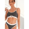 Kadın Gri Antrasit Kaşkorse Ve Beyaz Lastikli Cut-out Tanga Külotlu Takım