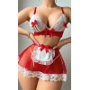 Kadın Kırmızı Fiyonklu Etekli Seksi Hizmetçi Kostümü 3826
