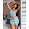 Kadın Mavi Çizgilidesenli Askılı Şortlu Pijama Takım 9001