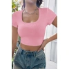 Kadın Pembe Yarım Kol Düz Yaka Crop Top Bluz