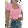 Kadın Pembe Yarım Kol Düz Yaka Crop Top Bluz