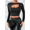 Kadın Siyah Göğüs Dekolteli Çapraz Askılı Uzun Kollu Crop Top Bluz