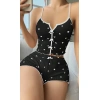 Kadın Siyah Kalp Desenli Askılı lu Pijama Takım 6650