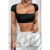 Kadın Siyah Sırt Dekolteli Ve Boyundan Bağlamalı Yarım Kol Crop Top Bluz