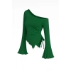 Kadın Yeşil Uzun İspanyol Kollu Asimetirik Yaka Yandan Bağlamalı Drapeli Bluz