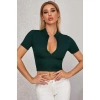 Kadın Yeşil Yarım Fermuarlı Ve Kısa Kollu Crop Top Bluz