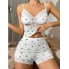 Kısa Şortlu Askılı Kalp Desenli Dantel Detaylı Pijama Takımı, Rahat Ve Şık Ev Giyim,kadın Pijama