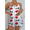 Love Desenli Beyaz Saten lu Gecelik Takım