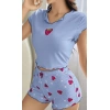 Mavi Önü Çilek Detaylı lu Gecelik Takımı
