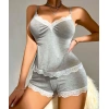 Pamuklu Dantel İşlemeli Gri Askılı lu Pijama Takımı