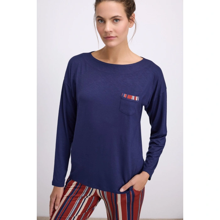 %100 Modal Lacivert Uzun Kollu T-shirt Ve Çizgili Pantolon Takımı