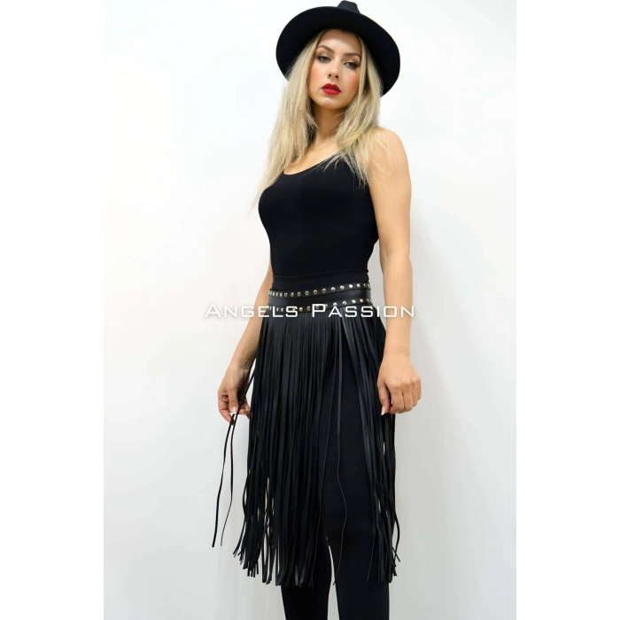 5 Mm Püsküllü Şık Deri Etek, Diz Altı Püsküllü Etek - Brf1398