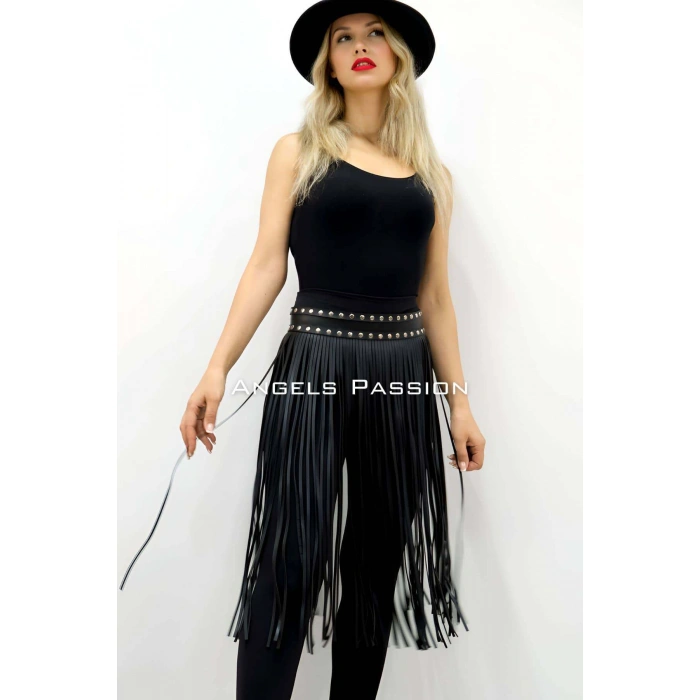 5 Mm Püsküllü Şık Deri Etek, Diz Altı Püsküllü Etek - Brf1398