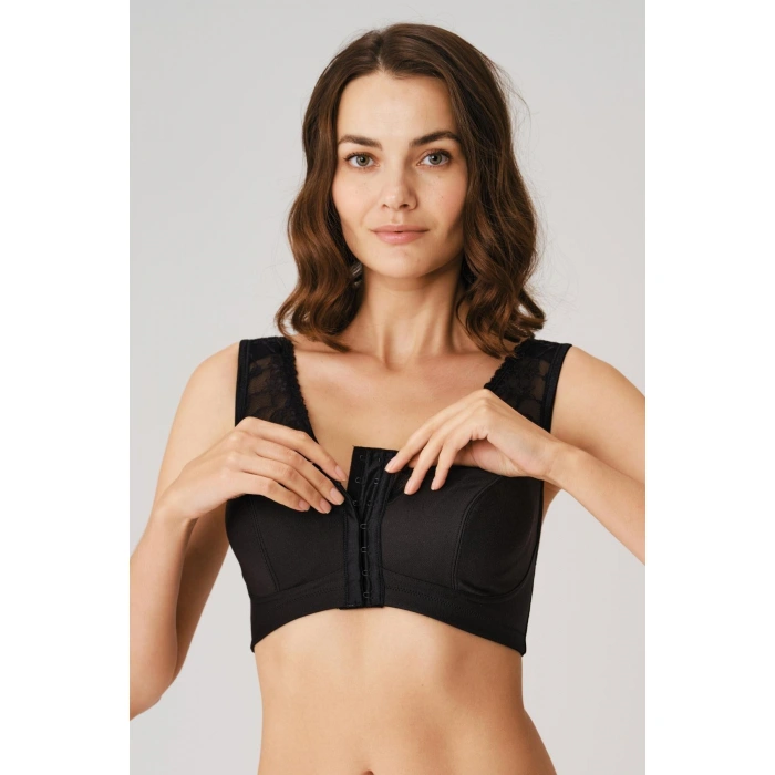 Balensiz Desteksiz Dolgusuz Geniş Askılı Toparlayıcı Önden Açılan Sırt Destekli Küçültücü Sütyen Siyah