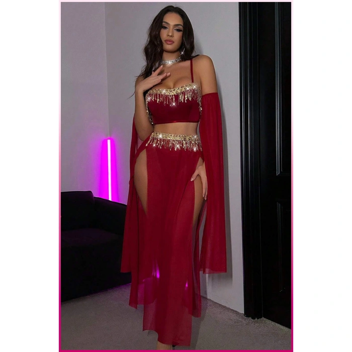 Bordo Pul Aksesuarlı Tül Etekli Kadın Seksi Gecelik