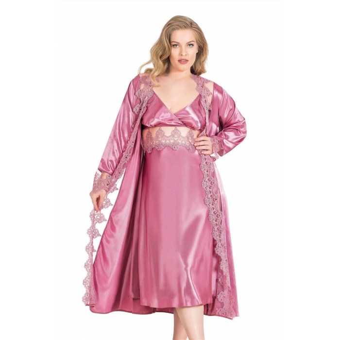 Büyük Beden Gül Kurusu Uzun İkili Saten Sabahlık Gecelik Takımı