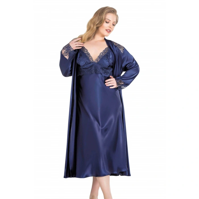 Büyük Beden Lacivert Uzun İkili Saten Sabahlık Gecelik Takımı