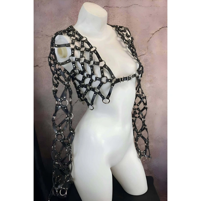 Çapraz Tasarım Uzun Kollu Deri Crop Bağlamalı Büstiyer Harness- Brf1076