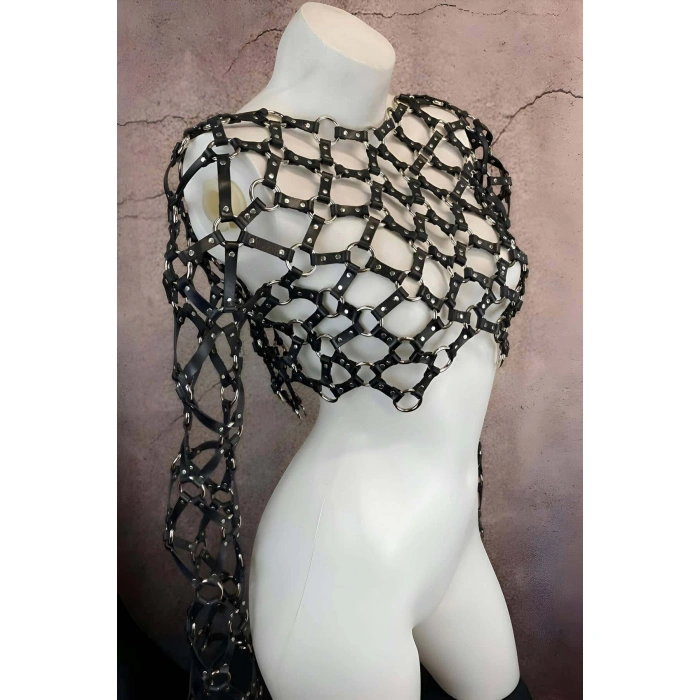 Çapraz Tasarım Uzun Kollu Deri Crop Bağlamalı Büstiyer Harness- Brf1076