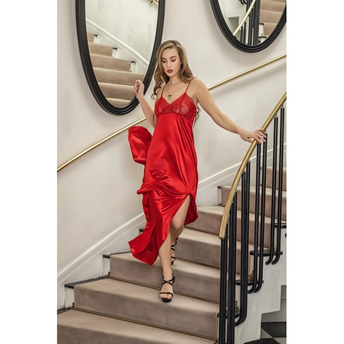 Dantelli Uzun Yırbrfaçlı Saten Gecelik Elbise String Takım Kırmızı (brf31512)