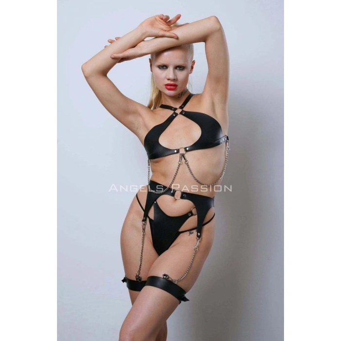 Deri Fantezi İç Giyim Takım, Şık Deri Harness Set, Club Wear - Apft1330