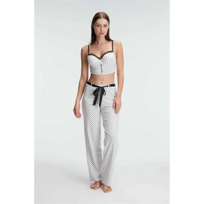 Fantezi Bralet Sütyen Pamuklu Puantiye Desenli Desteksiz Dantel Detaylı Pijama Takımı