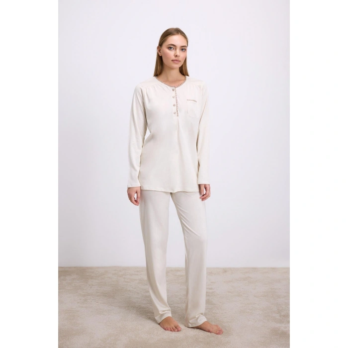 Fil Dişi Modal Pamuklu Uzun Kollu Düğmeli 2li Pijama Takımı