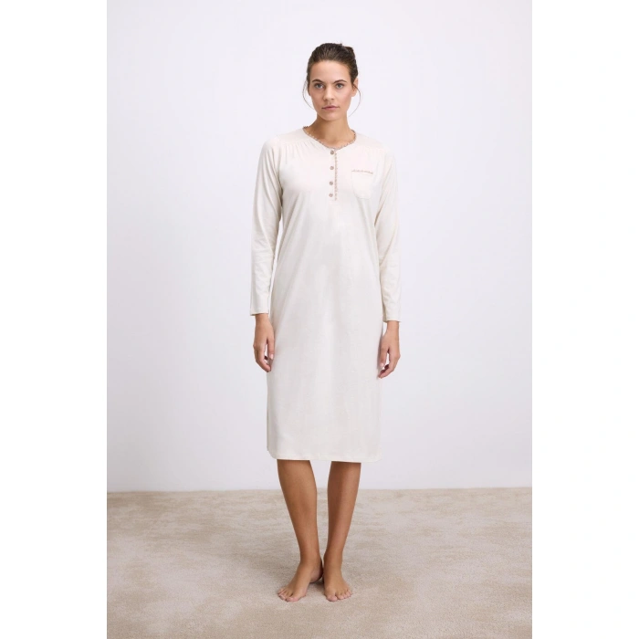 Fil Dişi Modal Uzun Kollu Düğmeli Gecelik