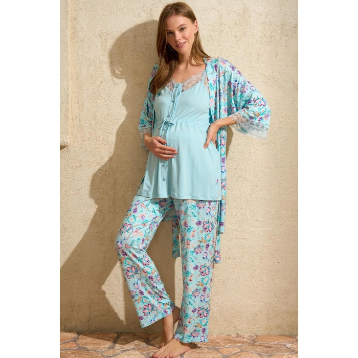 İp Askılı V Yaka Kadın Çiçek Desenli Yazlık Dantel Detaylı Hamile Pijama Takımı Sabahlık