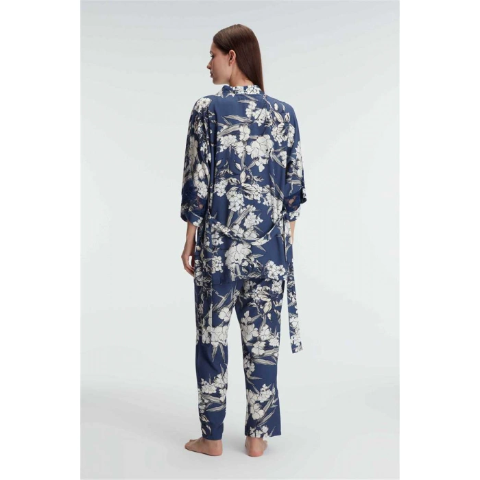 İp Askılı V Yaka Kadın Viskon Çiçek Desenli Yazlık Dantel Detaylı Pijama Takımı Sabahlık