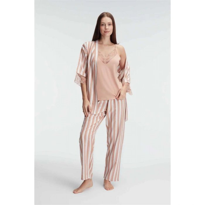 İp Askılı V Yaka Kadın Viskon Çizgili Desenli Yazlık Örme Pijama Takımı Sabahlık