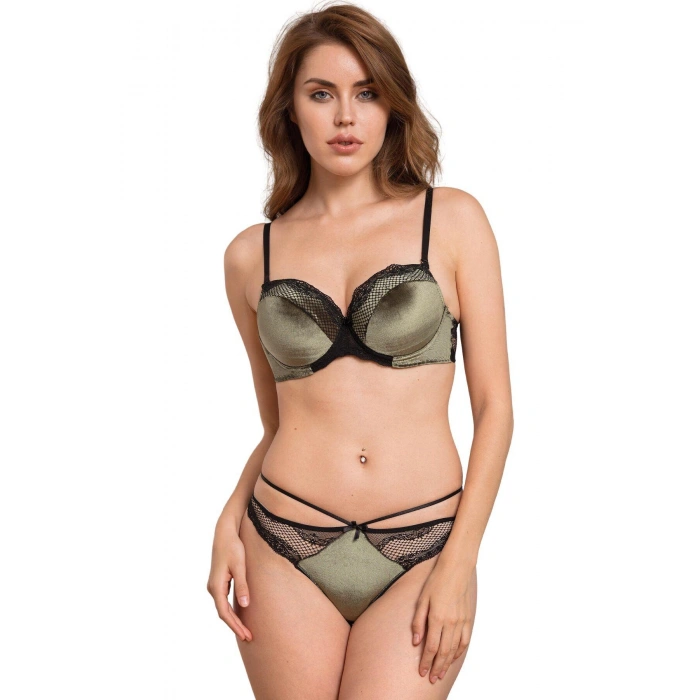 Kadife Balenli Destekli Dolgulu Askıları Çıkabilen Dantelli Sütyen Ve String Takım