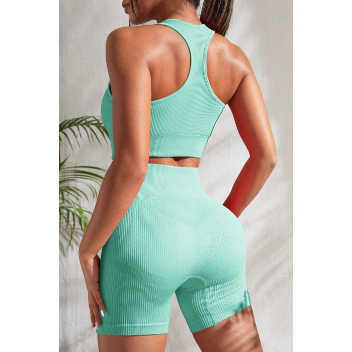 Kadın Açık Mavi Yüksek Bel Çapraz Sırt Detaylı lu Gecelik Takım