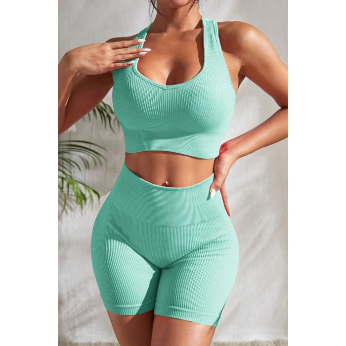 Kadın Açık Mavi Yüksek Bel Çapraz Sırt Detaylı lu Gecelik Takım