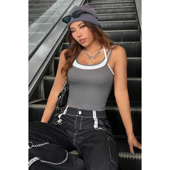 Kadın Antrasit Gri Beyaz Çift Renk Çapraz Askılı Crop Top Bluz