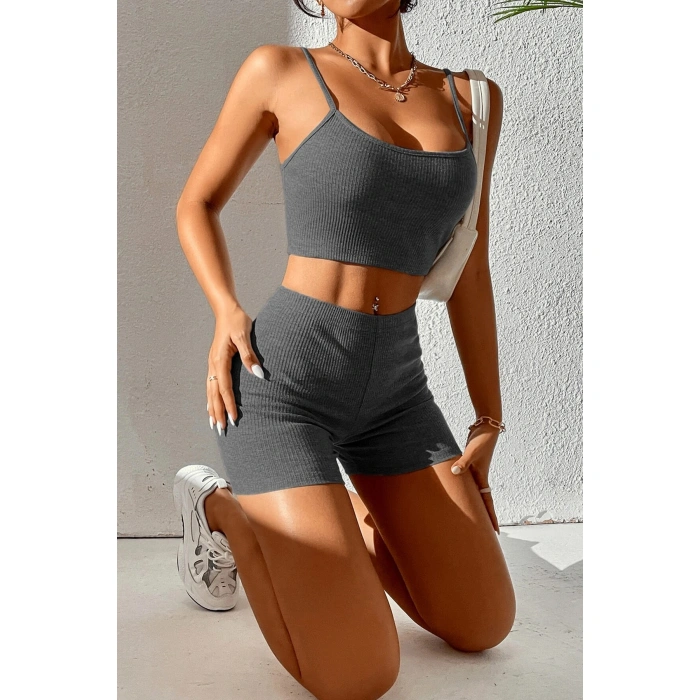 Kadın Antrasit Gri lu Kaşkorse Gecelik Takım