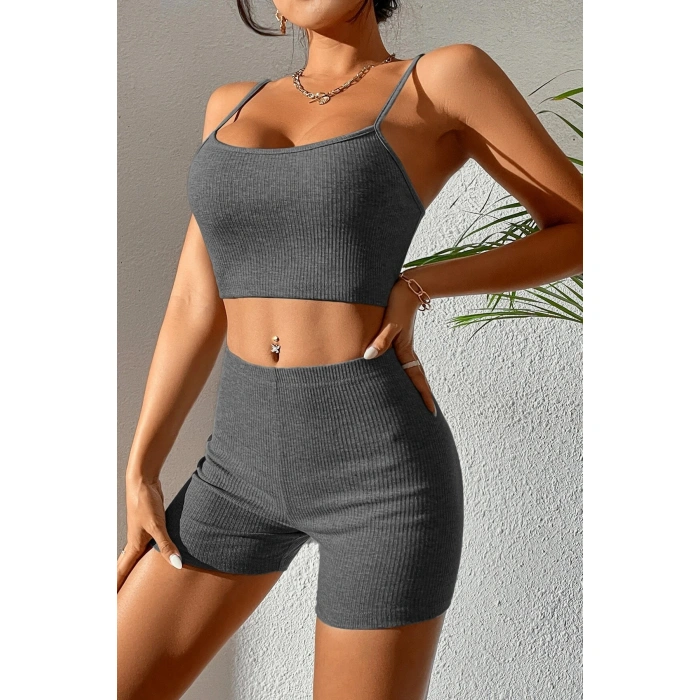 Kadın Antrasit Gri lu Kaşkorse Gecelik Takım