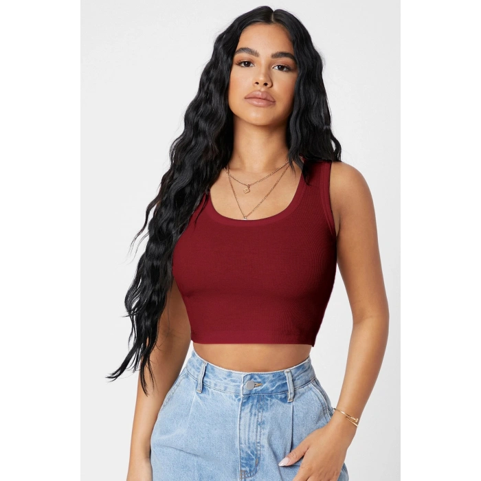 Kadın Bordo Kare Yaka Crop Top Bluz
