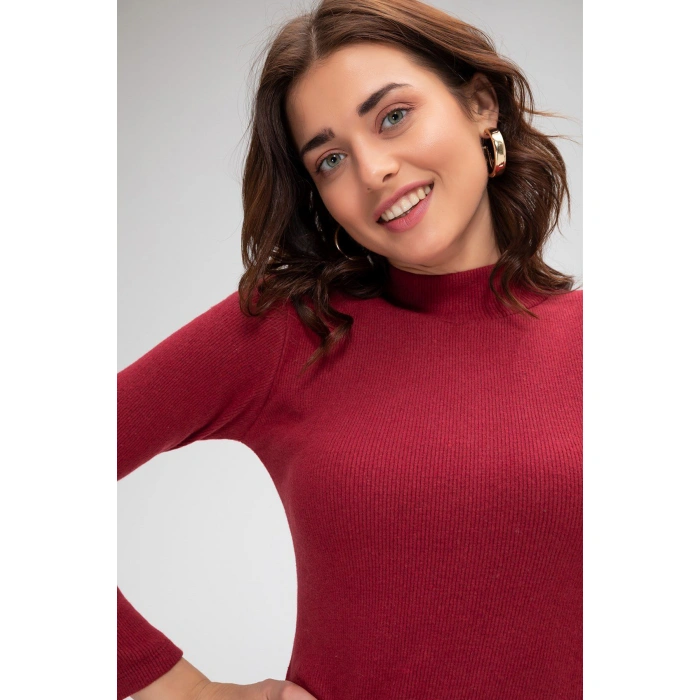 Kadın Bordo Kaşkorse Balıkçı Yaka Uzun Kollu Bodycon Mini Elbise