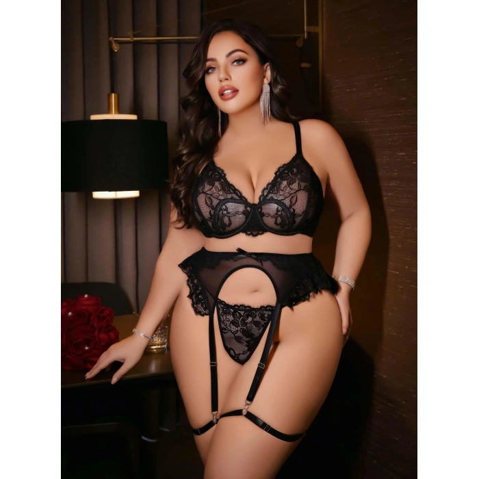 Kadın Büyük Beden Dantel Detaylı Fantezi Jartiyer Takımı 8010