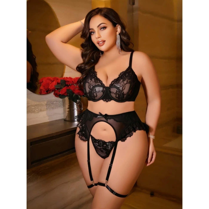 Kadın Büyük Beden Dantel Detaylı Fantezi Jartiyer Takımı 8010