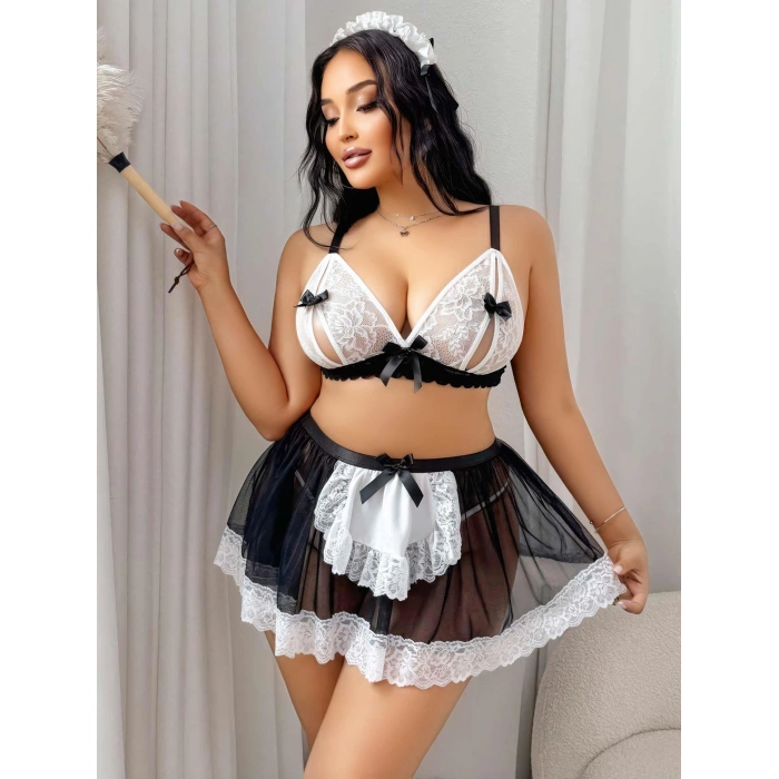Kadın Büyük Beden  Seksi Hizmetçi Kostüm Fantezi Transparan Tül Fantezi Erotik 8006