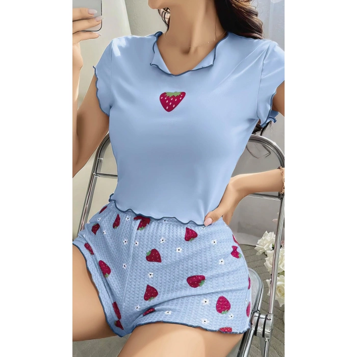 Kadın Çilek Desenli Bebe Mavi Seksi Gecelik Takım 6638