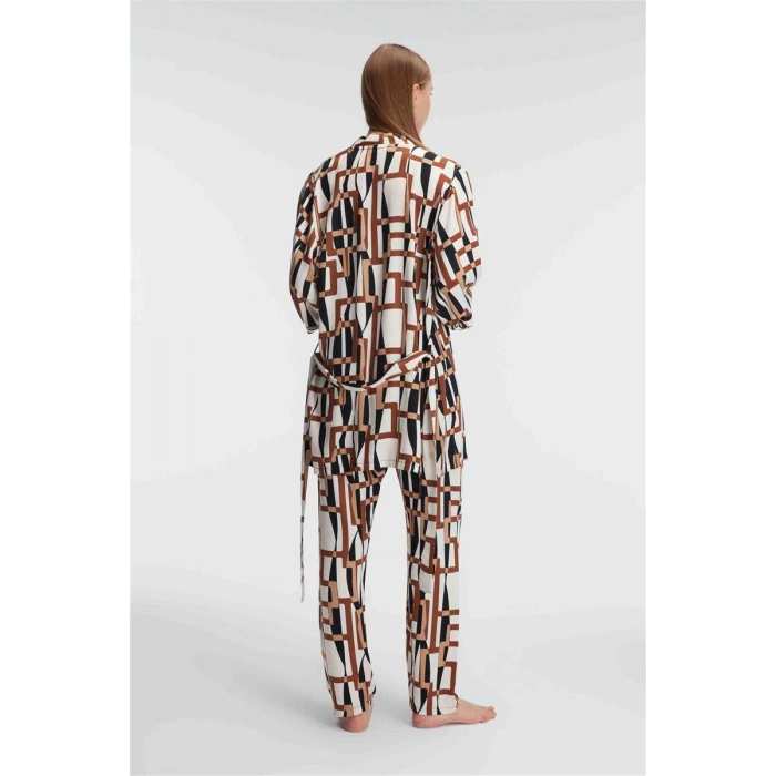 Kadın Dokuma Viskon Geometrik Baskılı Sabahlık Mikro Kumaş Dantelli Atlet Ve Yandan Cepli Pantolon 3lü Takım