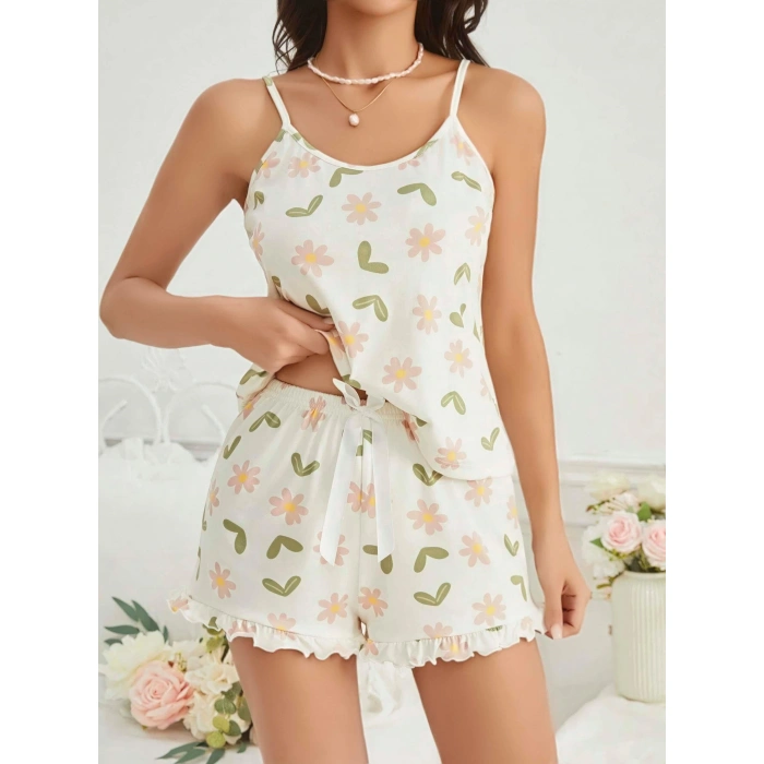 Kadın Ekru Çiçek Baskılı lu Gecelik Pijama Takımı 5047