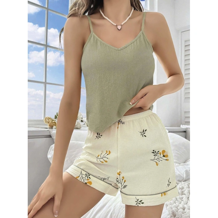 Kadın Ekru Çiçek Baskılı Şortlu Gecelik Pijama Takımı 5099